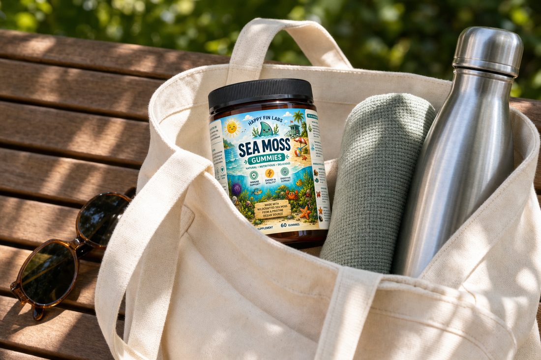 Sea Moss Gummies in a tote bag with a water bottle
