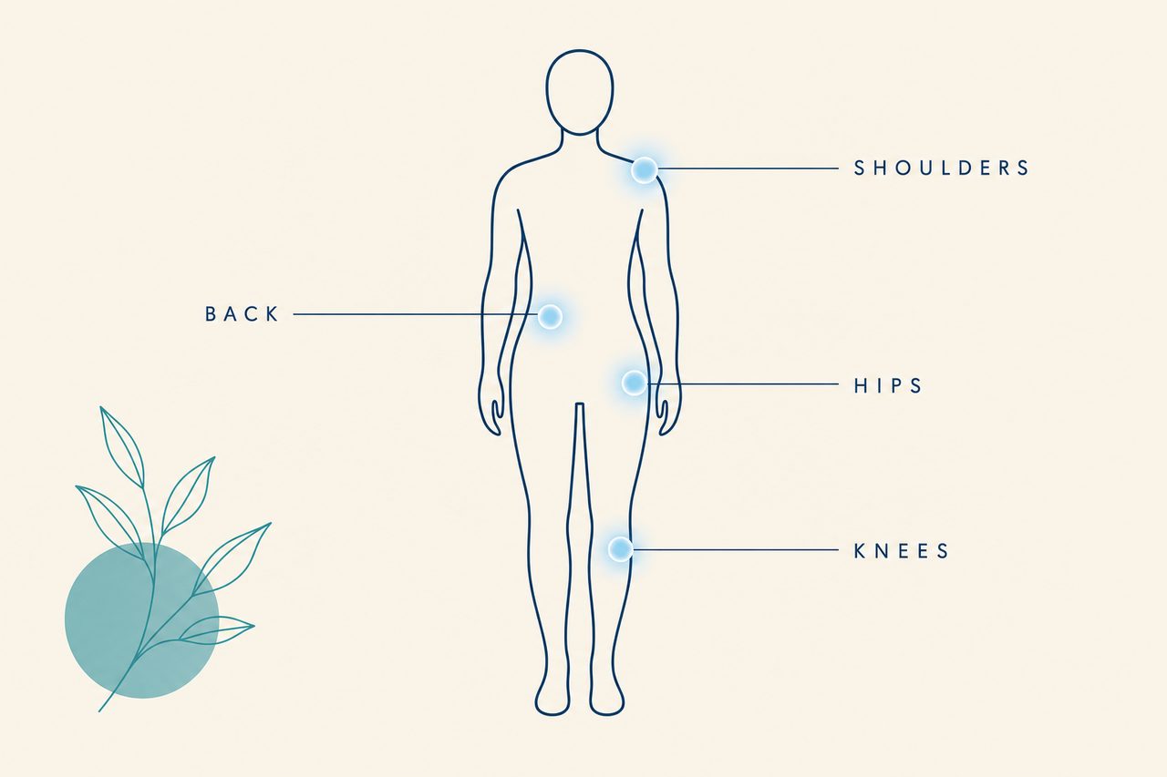 Diagram highlighting shoulders, back, hips and knees