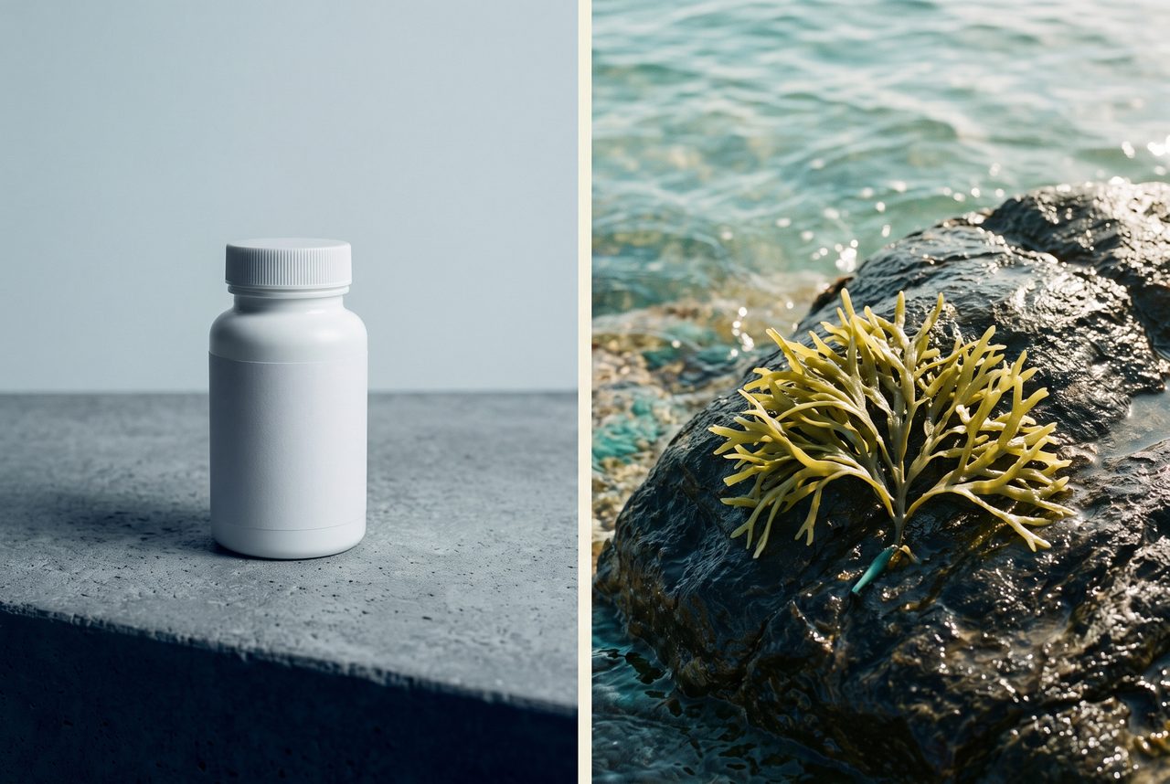 An unbranded pill bottle beside sea moss on ocean rock