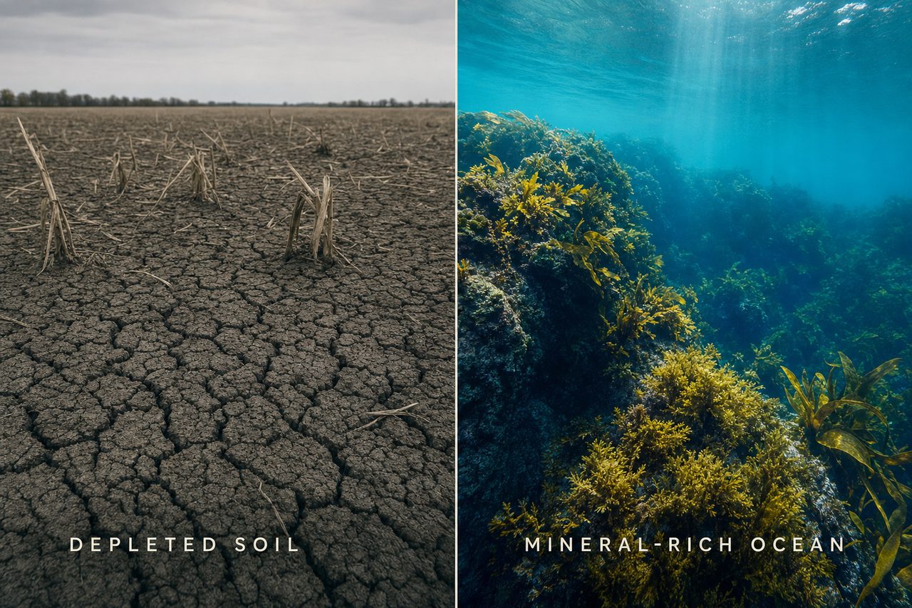 Split image of depleted farm soil and mineral-rich ocean