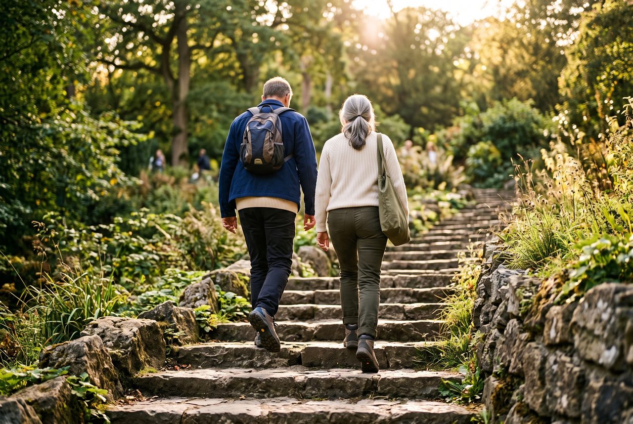 Two people walking up outdoor stone steps