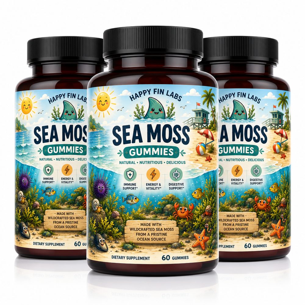 Three bottles of Happy Fin Labs Sea Moss Gummies